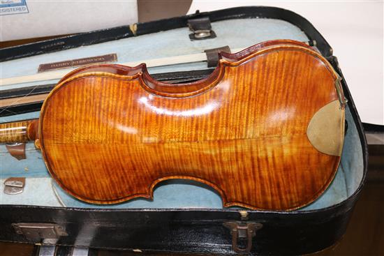 A 19th century violin with makers label C Nicholson of Leith, Edinburgh , cased with bow